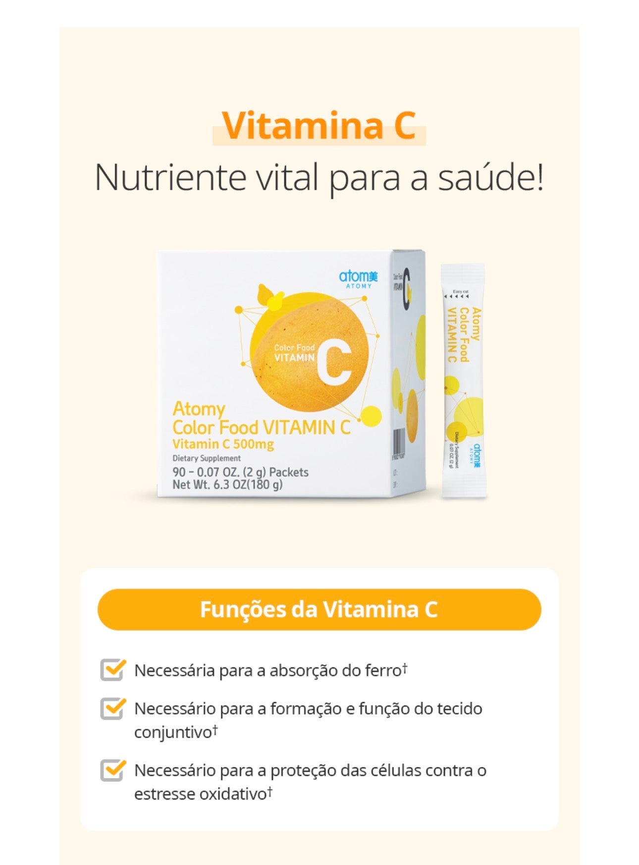 Atomy Color Food Vitamin C es un suplemento alimenticio en polvo que aporta 500mg de vitamina C por sobre, enriquecido con Coenzima Q10 y una combinación de extractos de frutas y vegetales. Cajita x90 ✨