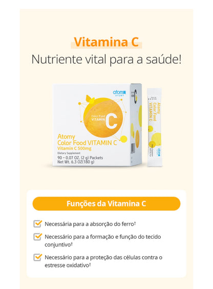 Atomy Color Food Vitamin C es un suplemento alimenticio en polvo que aporta 500mg de vitamina C por sobre, enriquecido con Coenzima Q10 y una combinación de extractos de frutas y vegetales. Cajita x90 ✨