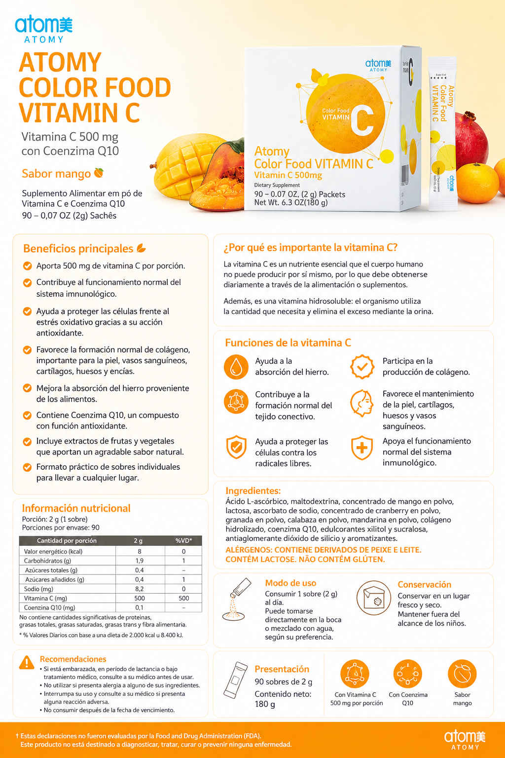 Atomy Color Food Vitamin C es un suplemento alimenticio en polvo que aporta 500mg de vitamina C por sobre, enriquecido con Coenzima Q10 y una combinación de extractos de frutas y vegetales. Cajita x90 ✨