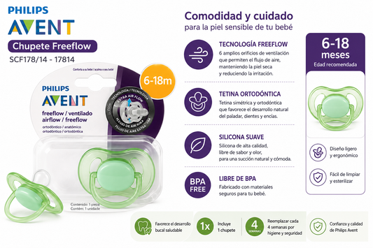 Avent Chupete Freeflow 6–18 Meses x1 – Verde SCF178/14          ✨ ¡Comodidad, frescura y tranquilidad para tu bebé!