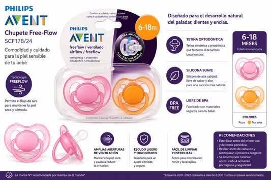 Avent Chupete Free-Flow BPA Free x2 – 6–18 Meses – Rosa & Naranja SCF178/24 - 17824            ✨ ¡Comodidad, frescura y tranquilidad para tu bebé!