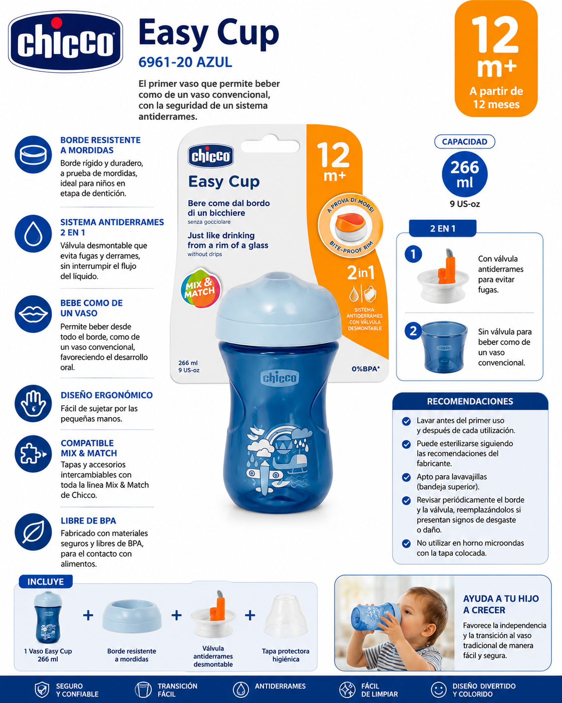 Chicco Easy Cup 266ml Azul 12M+ 6961-20 💙