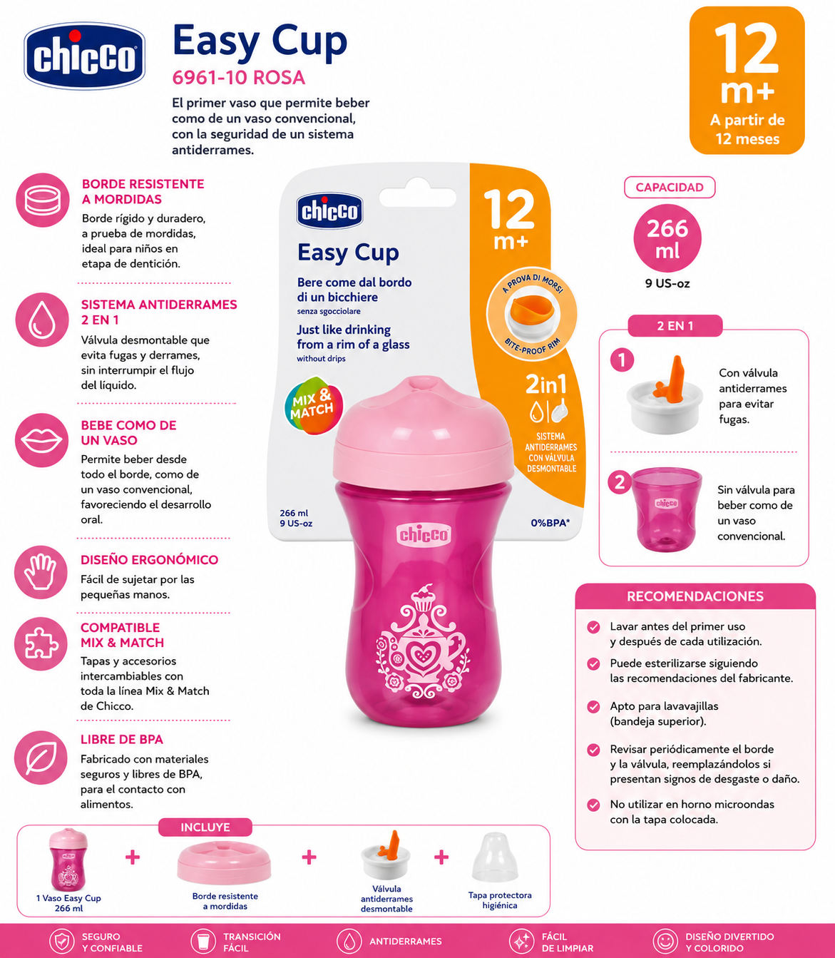 Chicco Easy Cup 266ml Rosa 12M+ 6961-10 🩷