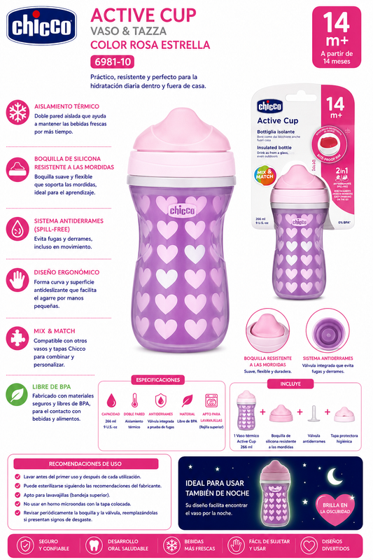 Chicco Active Cup 266 ml 14M+ Lilas Corazones 6981-10