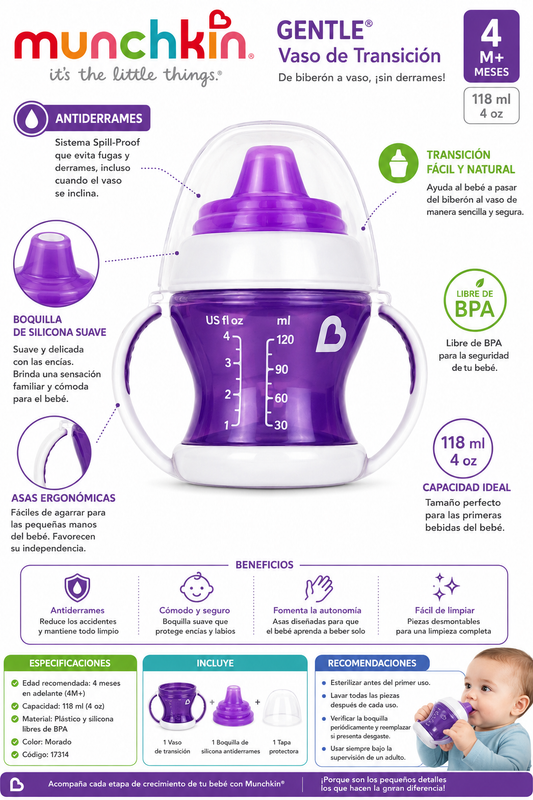 Munchkin Vaso De Transición Gentle Con Asas 118ml Morado 4M+ 17314