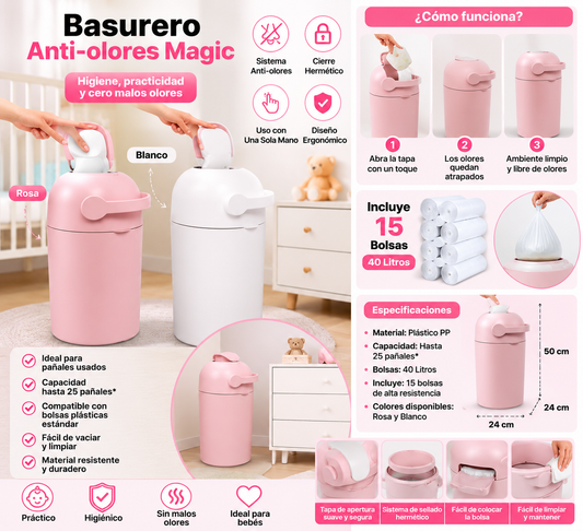 Basurero Anti-Olores Magic           
Rosa: PB-AA401PK
Blanco: PB-AA401WH
Incluye 15 bolsas de 40 L.
Capacidad aproximada: hasta 25 pañales 💛