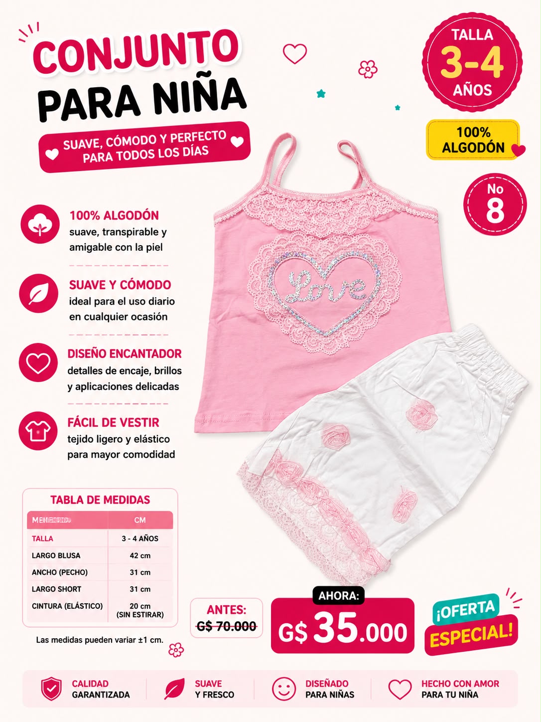 Ropa Infantil ✨ Conjunto Para Niña 100% Algodón 🩷