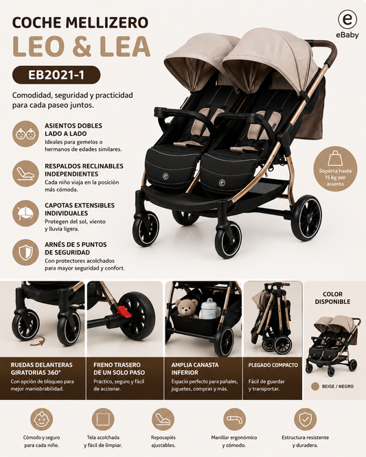 EBaby Mellizero Carrito Duo Leo & Lea EB2021-1 Color Beige/Negro es la opción perfecta para familias con dos pequeños, ofreciendo comodidad, seguridad y practicidad en cada paseo, con un diseño moderno pensado para facilitar la vida diaria 💛