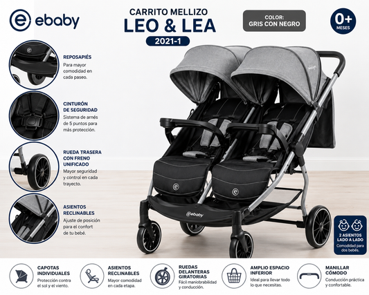 EBaby Mellizero Carrito Duo Leo & Lea EB2021-1 Color Gris/Negro es la opción perfecta para familias con dos pequeños, ofreciendo comodidad, seguridad y practicidad en cada paseo, con un diseño moderno pensado para facilitar la vida diaria 💛