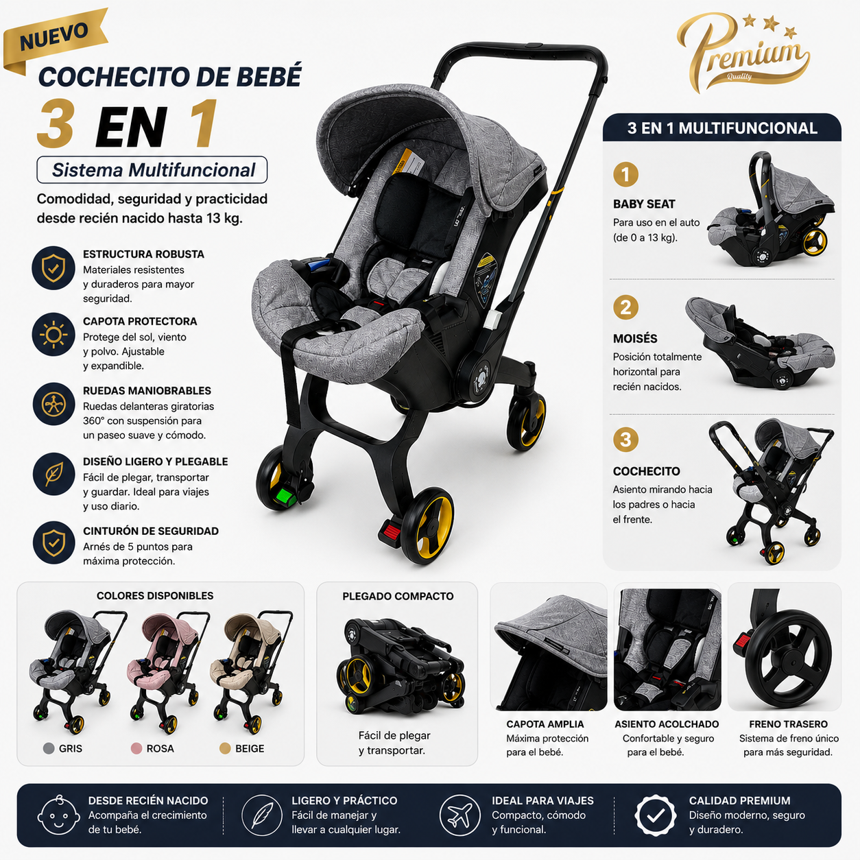 Premium Baby Carrito y Silla de Confort de Bebé 3en1 Multifuncional ✨💛