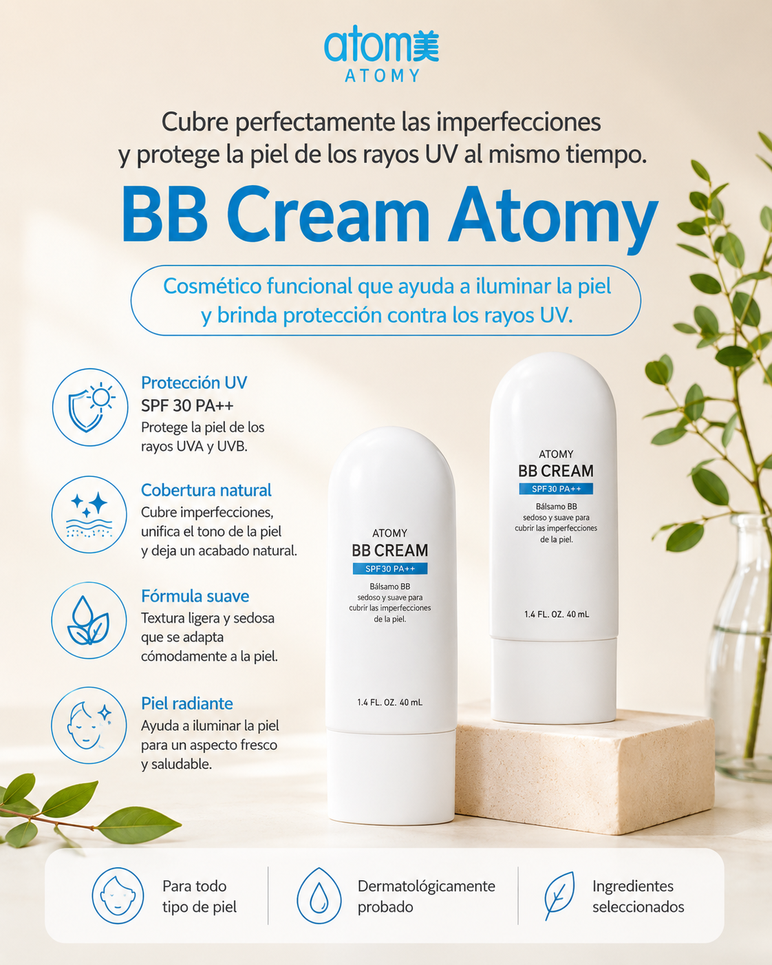 Atomy BB Cream SPF 30 PA++      Bálsamo BB sedoso y suave para cubrir las imperfecciones de la piel. 40 ml (1.4 fl. oz.)