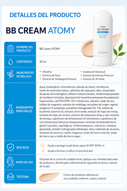 Atomy BB Cream SPF 30 PA++      Bálsamo BB sedoso y suave para cubrir las imperfecciones de la piel. 40 ml (1.4 fl. oz.)