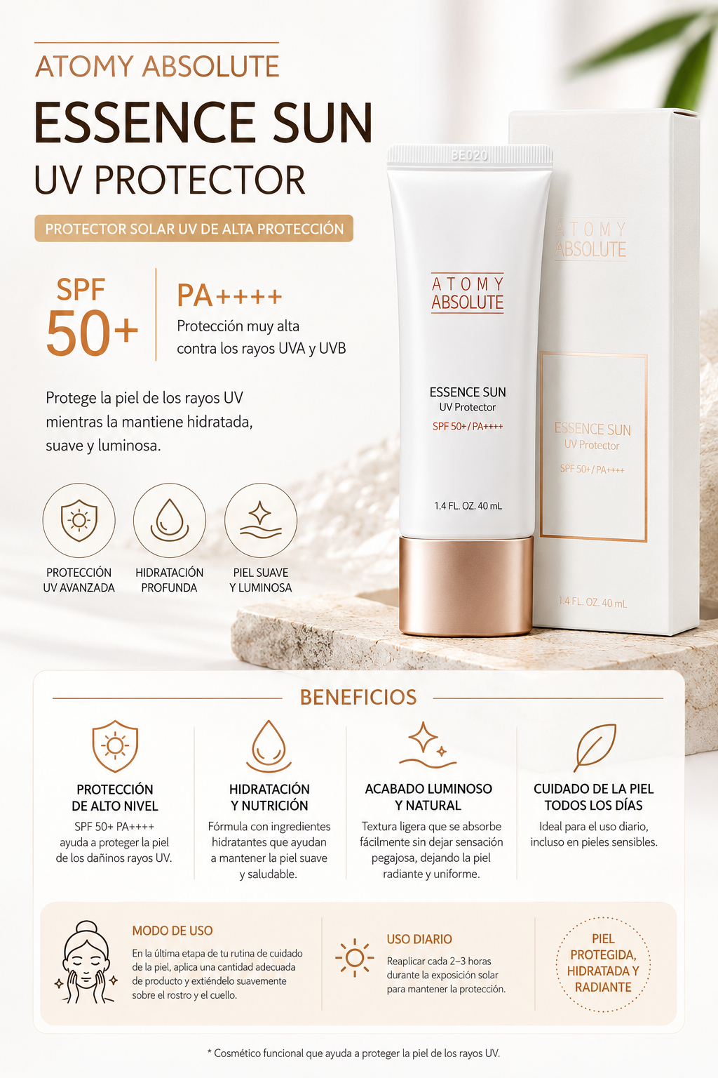 ATOMY ABSOLUTE Protector Solar Essence ✨ 
Protección solar avanzada con hidratación y cuidado intensivo de la piel