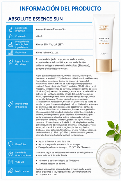 ATOMY ABSOLUTE Protector Solar Essence ✨ 
Protección solar avanzada con hidratación y cuidado intensivo de la piel