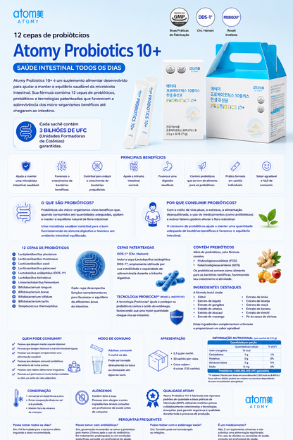 🩵💙 Atomy Probiotics 10+ ✨
🌿 12 cepas de probióticos.
🦠 3 mil millones de UFC por sobre.
🌱 Con prebióticos (FOS y GOS).
💙 Ayuda a mantener el equilibrio de la flora intestinal.