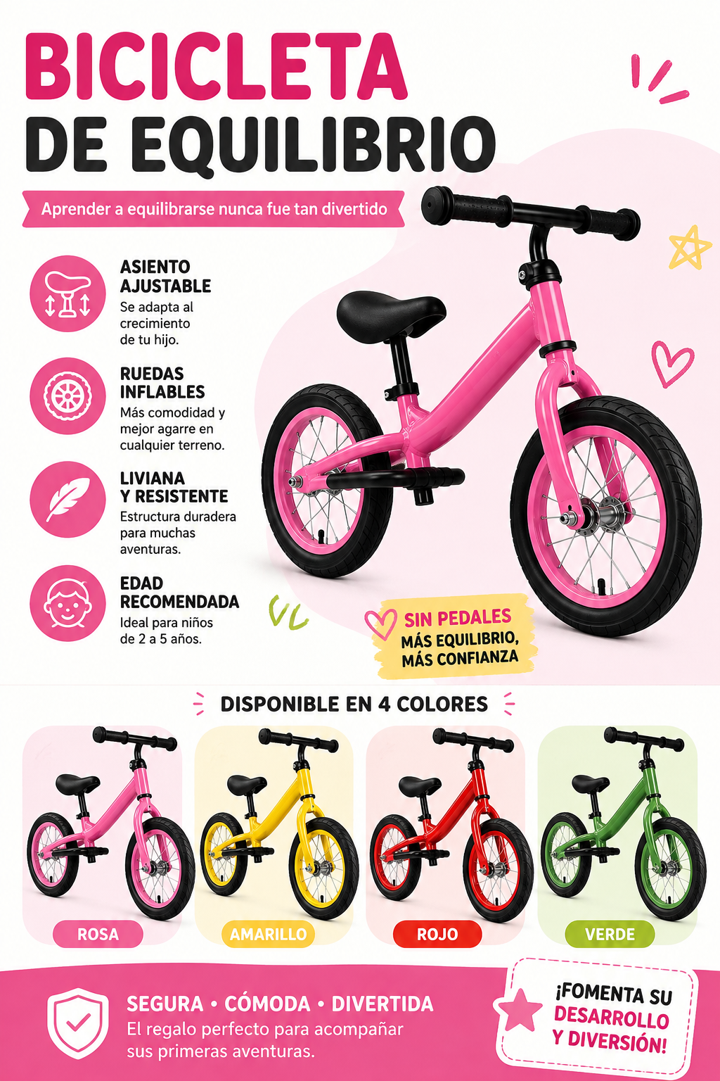 Bicicleta de Equilibrio para Niños 2A+ ¡La forma más divertida y segura de aprender a mantener el equilibrio antes de usar una bicicleta con pedales! 💛