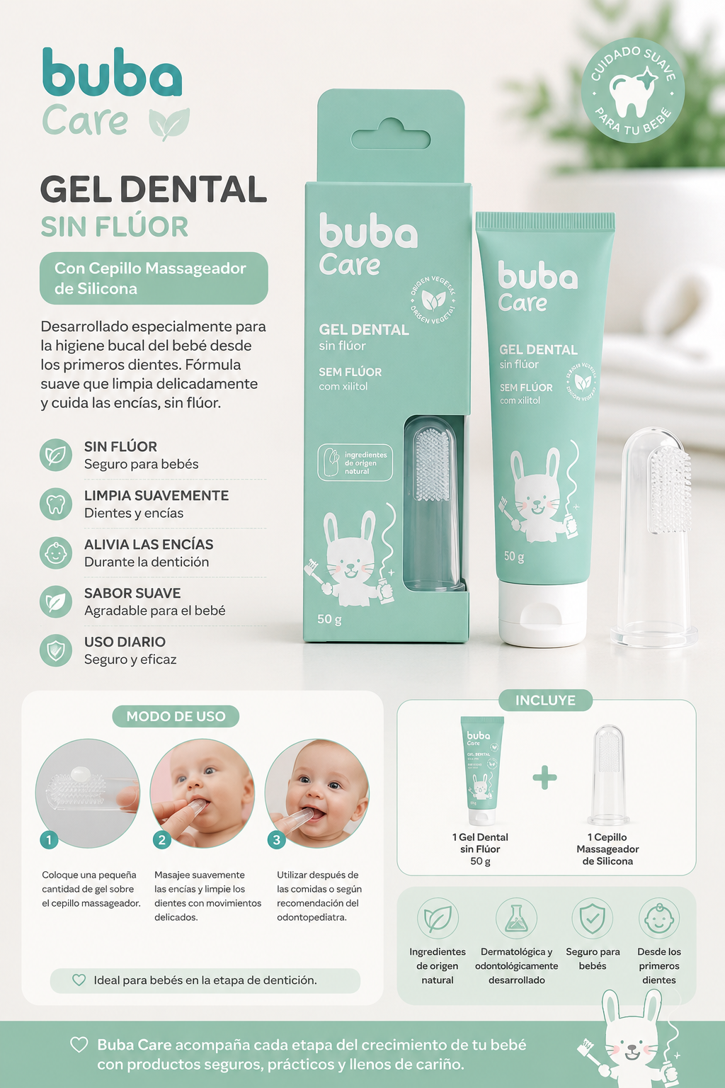Buba Care Gel Dental sin Flúor 50 g con Cepillo Massageador de Dedo - 765631