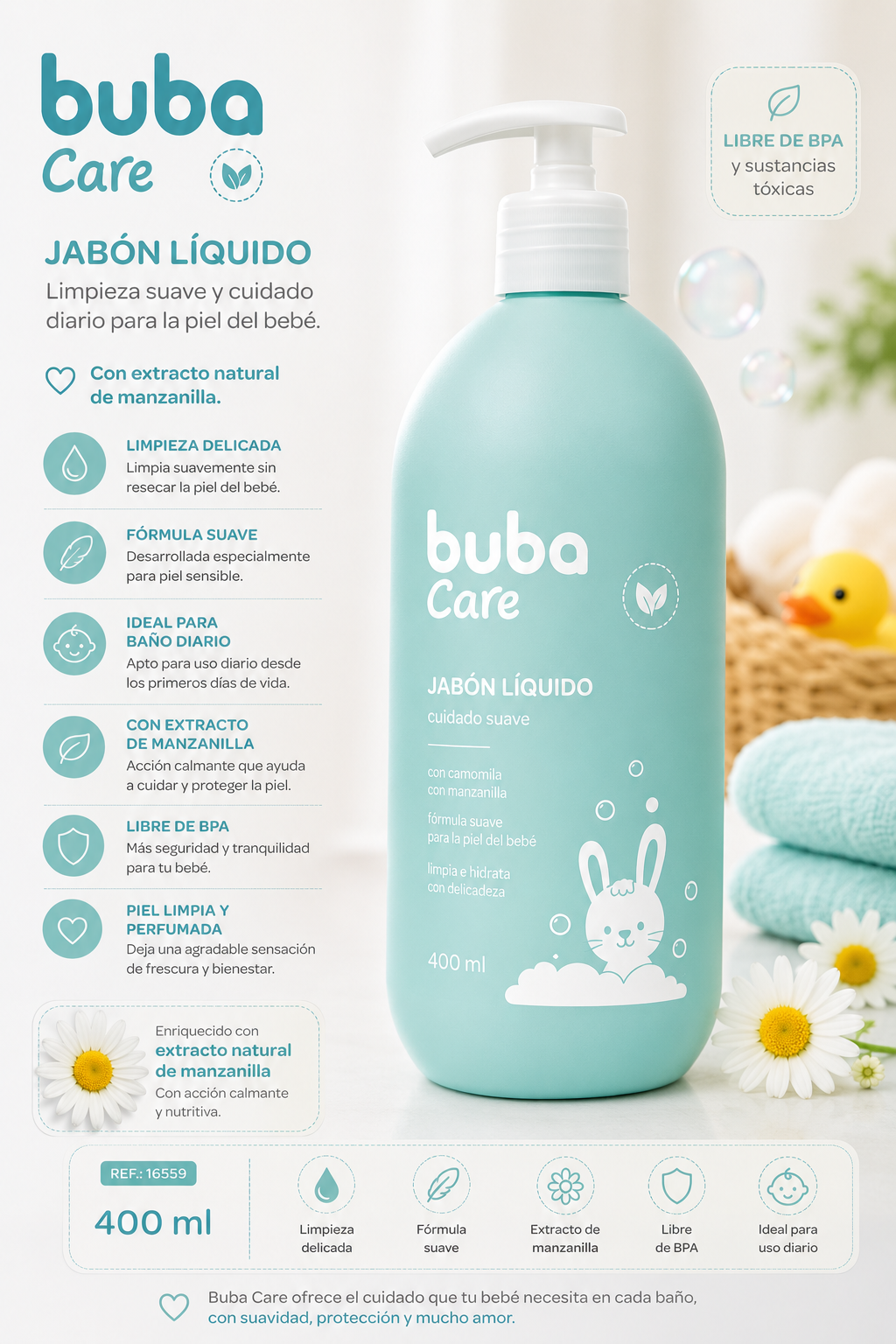 Buba Care para Bebés
🛁 Jabón Líquido 400ml Bub16559 💚