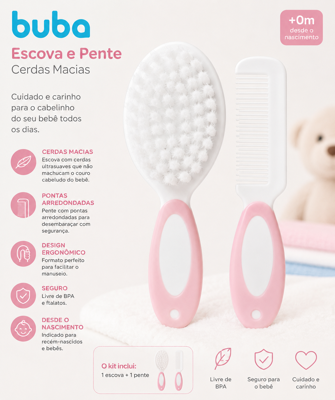 Buba Escova e Pente Cerdas Macias Rosa – BUB12643 🩷