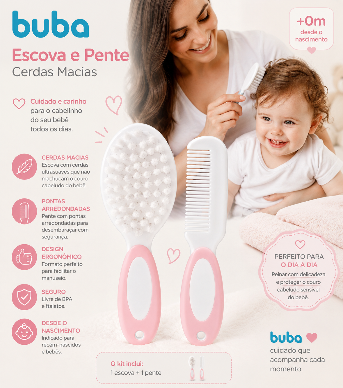 Buba Escova e Pente Cerdas Macias Rosa – BUB12643 🩷