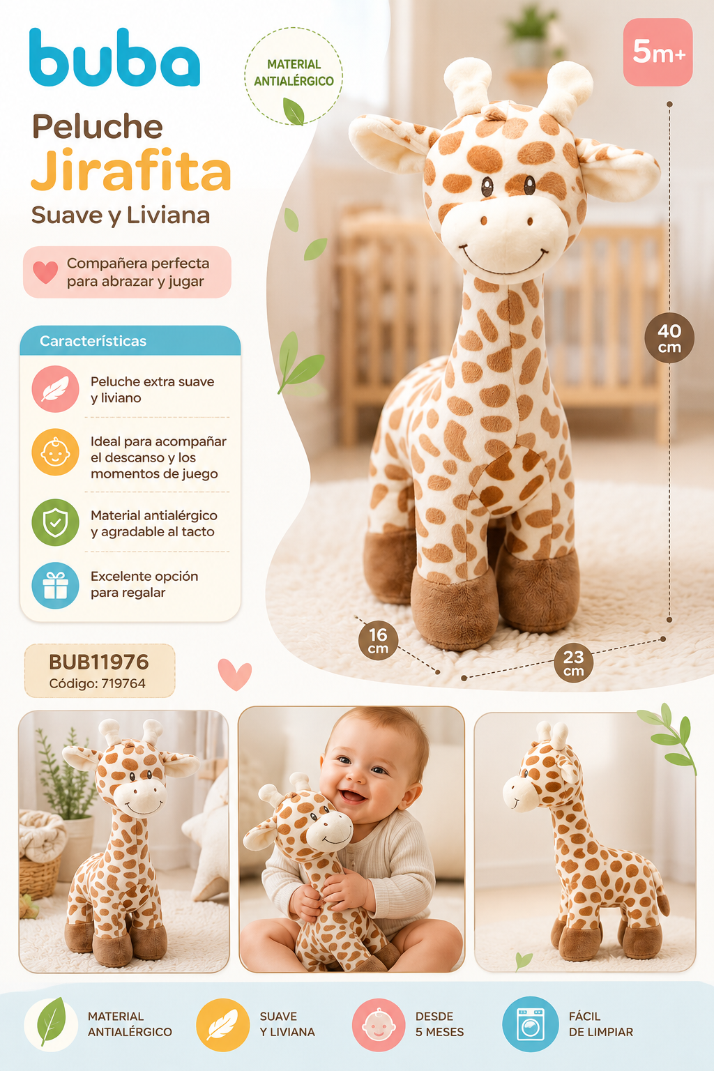 Buba Peluche Jirafita Suave 5m+ – BUB11976💚