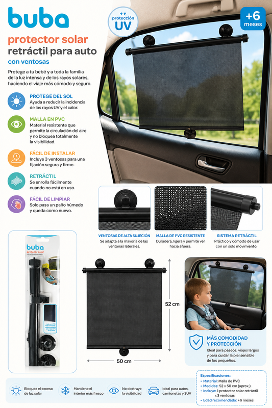Buba Protector Solar Retráctil para Auto con Ventosas – PVC | BUB14462 ☀️🚗💚