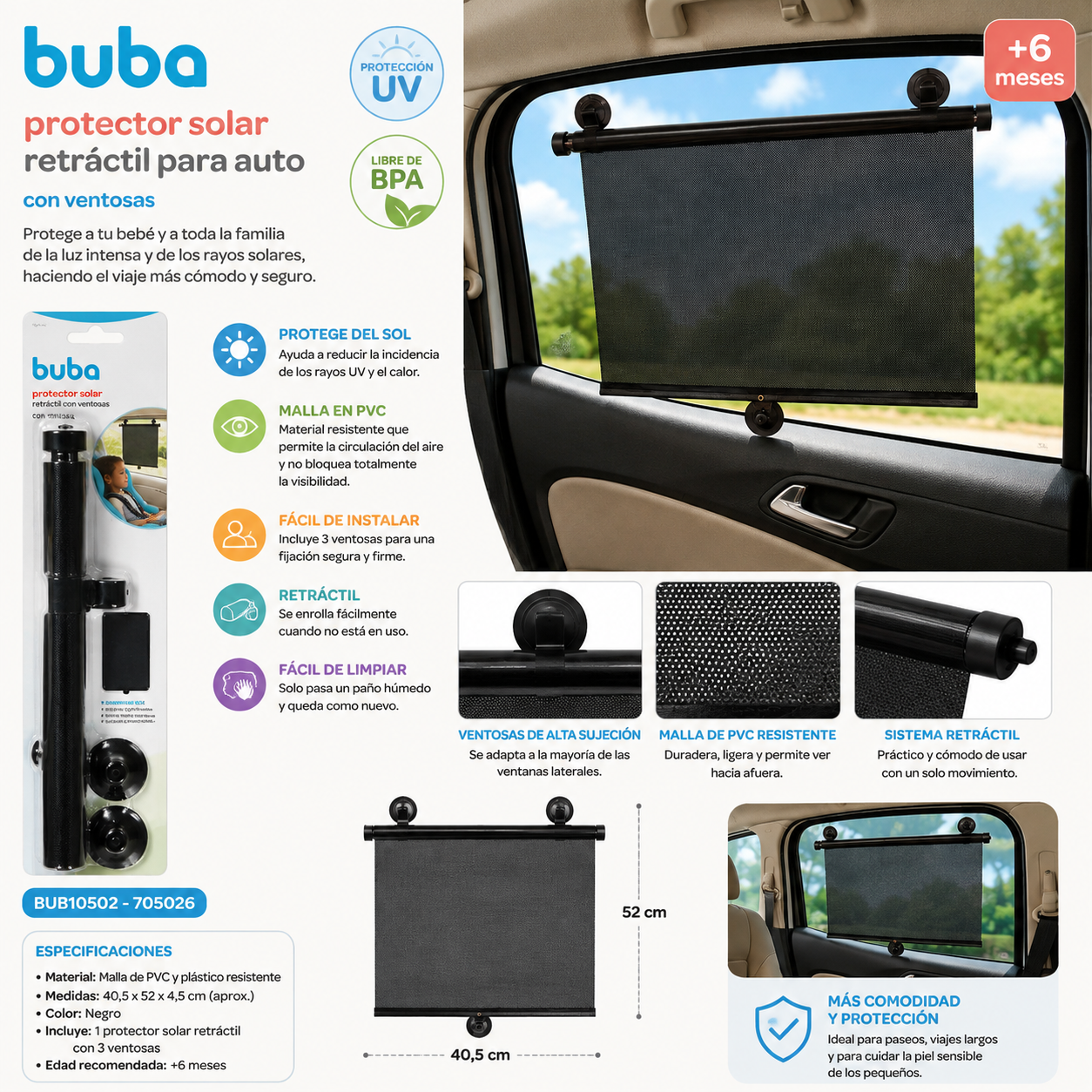 Buba Protector Solar Retráctil con Ventosas para Auto
Modelo: BUB10502 – 705026
Medidas: 40,5×52×4,5cm 💚