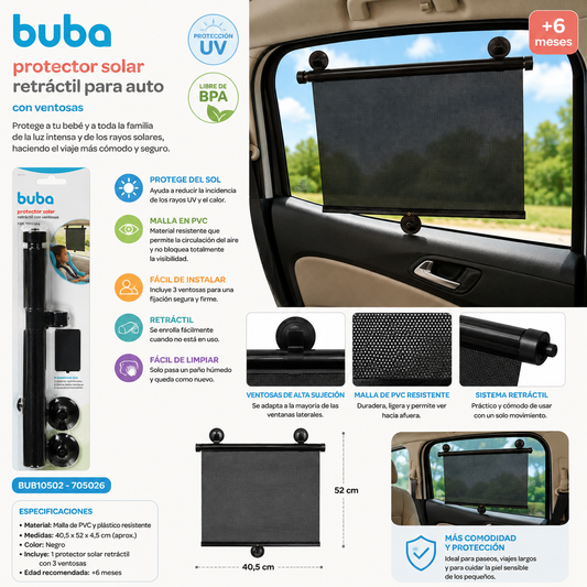 Buba Protector Solar Retráctil con Ventosas para Auto
Modelo: BUB10502 – 705026
Medidas: 40,5×52×4,5cm 💚