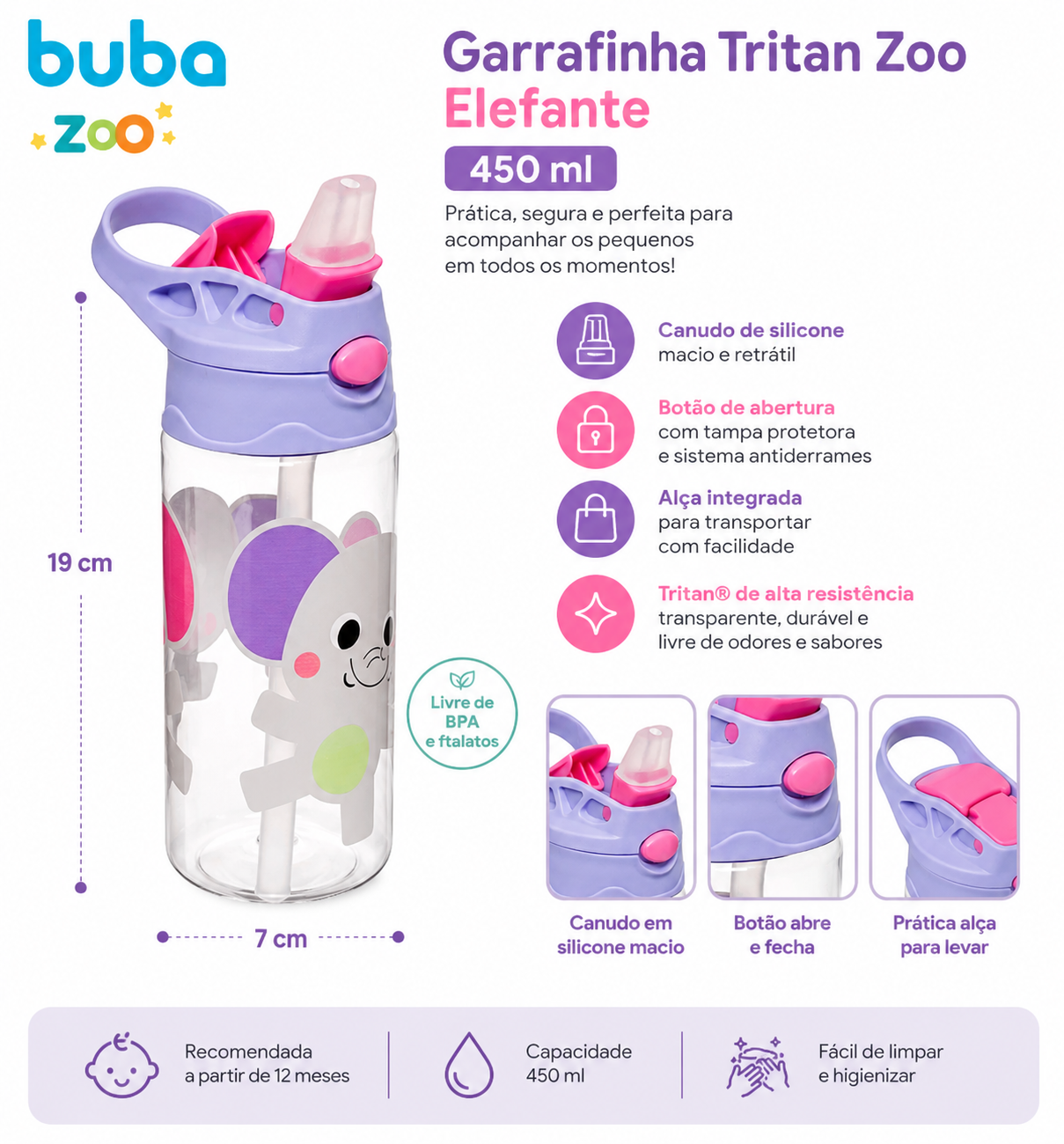 Buba Garrafinha Tritan Zoo Elefante 450ml 12m+ BUB18836🐘💜