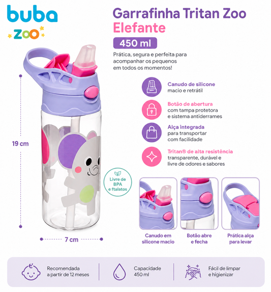 Buba Garrafinha Tritan Zoo Elefante 450ml 12m+ BUB18836🐘💜