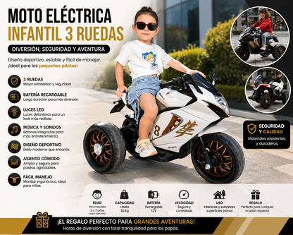 Moto Eléctrica Infantil de 3 Ruedas – Estilo Deportivo ✨
¡Diversión, seguridad y diseño en un solo vehículo! La moto eléctrica infantil de 3 ruedas ofrece una experiencia emocionante para los pequeños, con un moderno estilo deportivo y mayor estabilidad💛