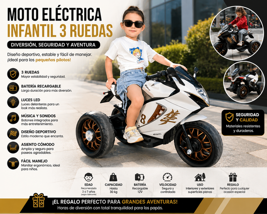 Moto Eléctrica Infantil de 3 Ruedas – Estilo Deportivo ✨
¡Diversión, seguridad y diseño en un solo vehículo! La moto eléctrica infantil de 3 ruedas ofrece una experiencia emocionante para los pequeños, con un moderno estilo deportivo y mayor estabilidad💛