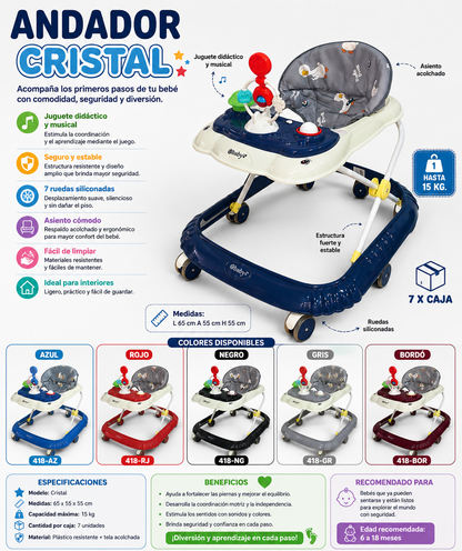 Andador Cristal 418 ✨💛

¡Acompaña los primeros pasos de tu bebé con comodidad, seguridad y diversión! El Andador Cristal está diseñado para estimular el desarrollo motriz mientras entretiene al pequeño con un centro de actividades didáctico y musical.