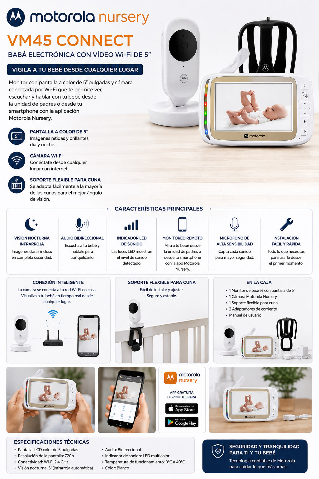 Motorola Electronico VM45 Connect White - Monitor para Bebé con Video Wi-Fi de 5” y Soporte Flexible para Cuna 💚