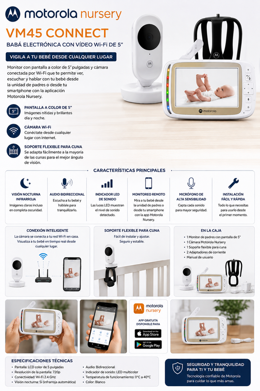 Motorola Electronico VM45 Connect White - Monitor para Bebé con Video Wi-Fi de 5” y Soporte Flexible para Cuna 💚