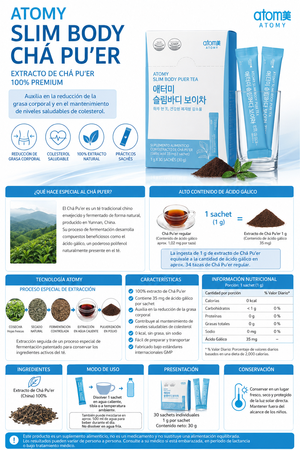 Atomy Slim Body Chá Pu’er Tea - 30 sobres individuales de 1g