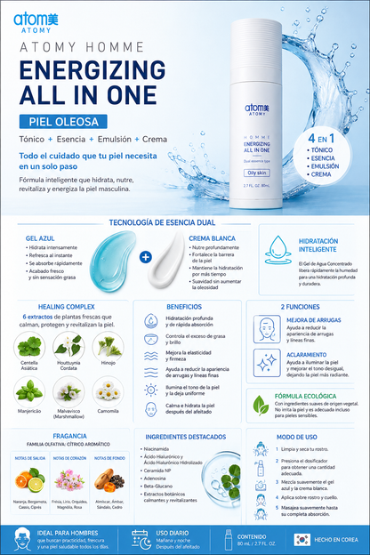 Atomy Homme Energizing All In One (Piel Grasa) Innovadora fórmula 4en1 combina tónico, esencia, emulsión y crema en un solo producto de 80ml ✨
