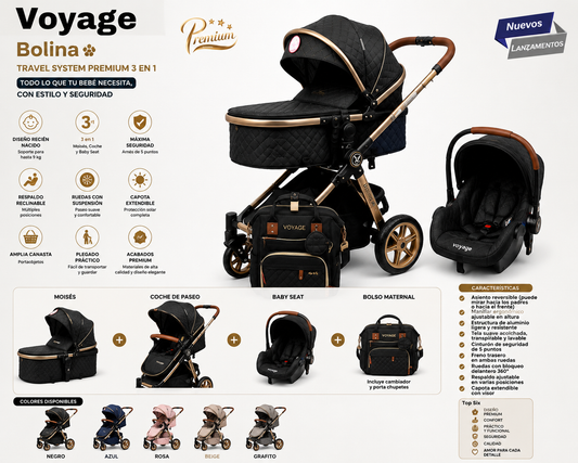 Voyage Bolina Carrito & Moises Baby Stroller Travel System Premium 3en1 Color Negro ✨.  
¡Elegancia, confort y funcionalidad desde el nacimiento! 💙🩷