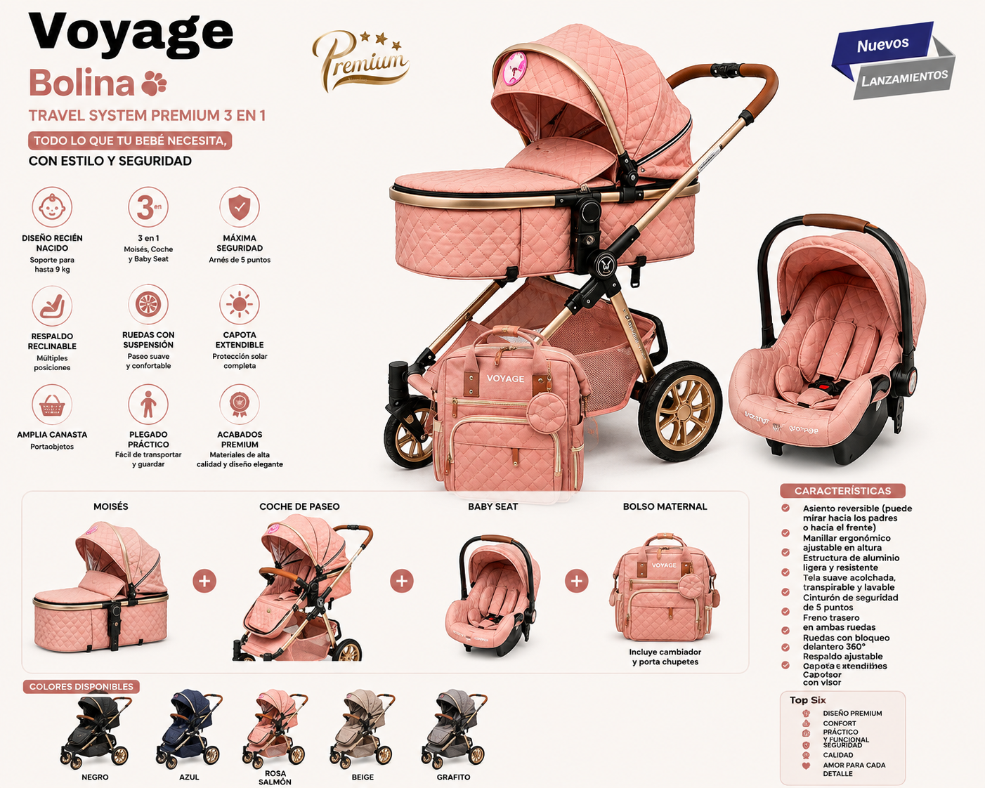 Voyage Bolina Carrito & Moises Baby Stroller Travel System Premium 3en1 Color Rosa/Salmón ✨.  
¡Elegancia, confort y funcionalidad desde el nacimiento! 💙🩷