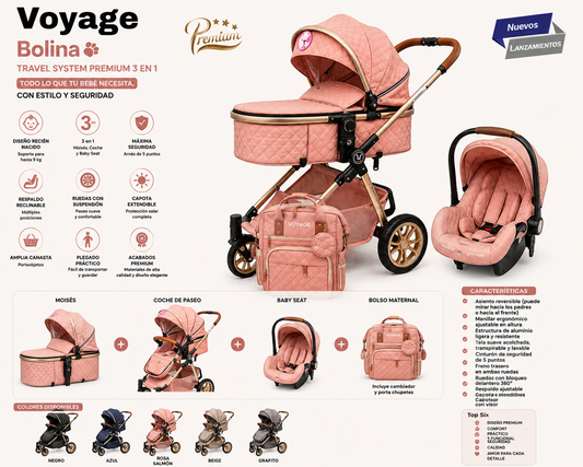 Voyage Bolina Carrito & Moises Baby Stroller Travel System Premium 3en1 Color Rosa/Salmón ✨.  
¡Elegancia, confort y funcionalidad desde el nacimiento! 💙🩷