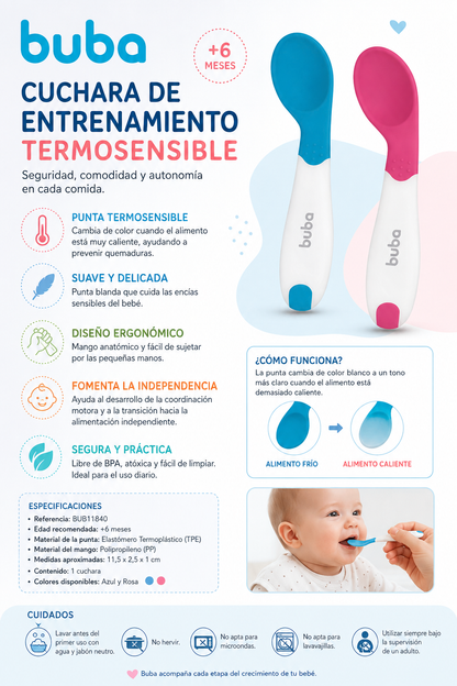 Buba Colher de Entrenamiento Termosensible Color Azul & Rosa – Ref. BUB11840 🩵🩷💚