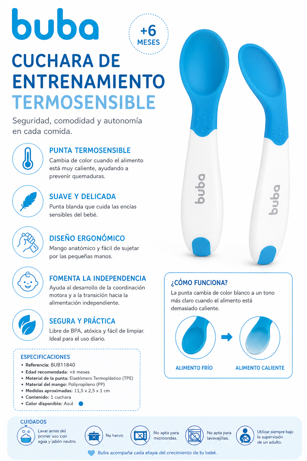 Buba Colher de Entrenamiento Termosensible Color Azul & Rosa – Ref. BUB11840 🩵🩷💚