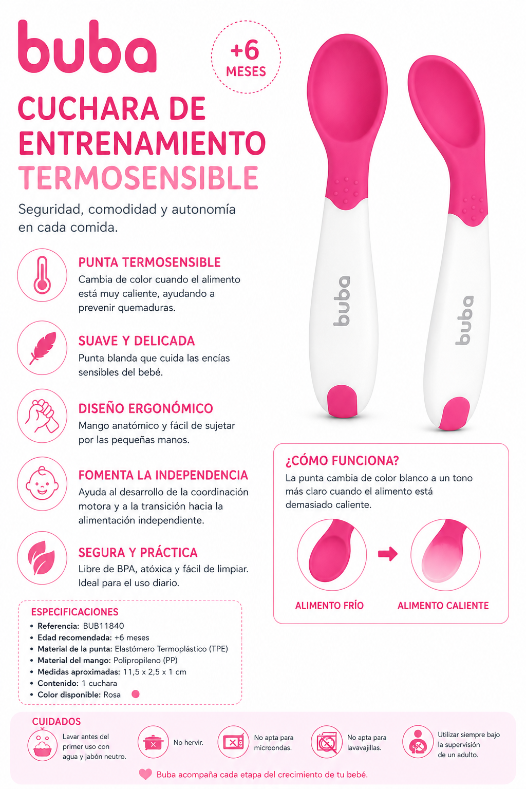 Buba Colher de Entrenamiento Termosensible Color Azul & Rosa – Ref. BUB11840 🩵🩷💚