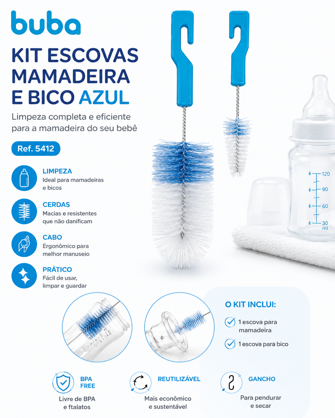 Buba Kit de Escovas para Mamadeira e Bico Azul BUB5412 - Rosa BUB5413