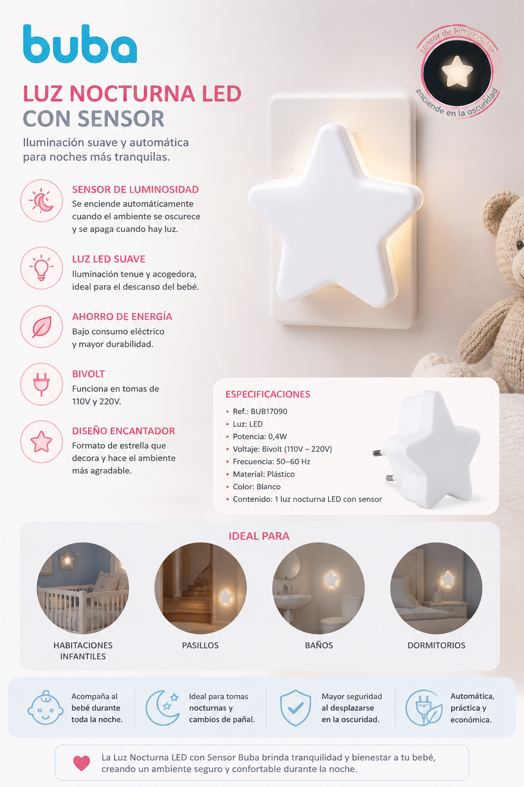 Buba Luz Nocturna LED con Sensor – BUB17090 💚