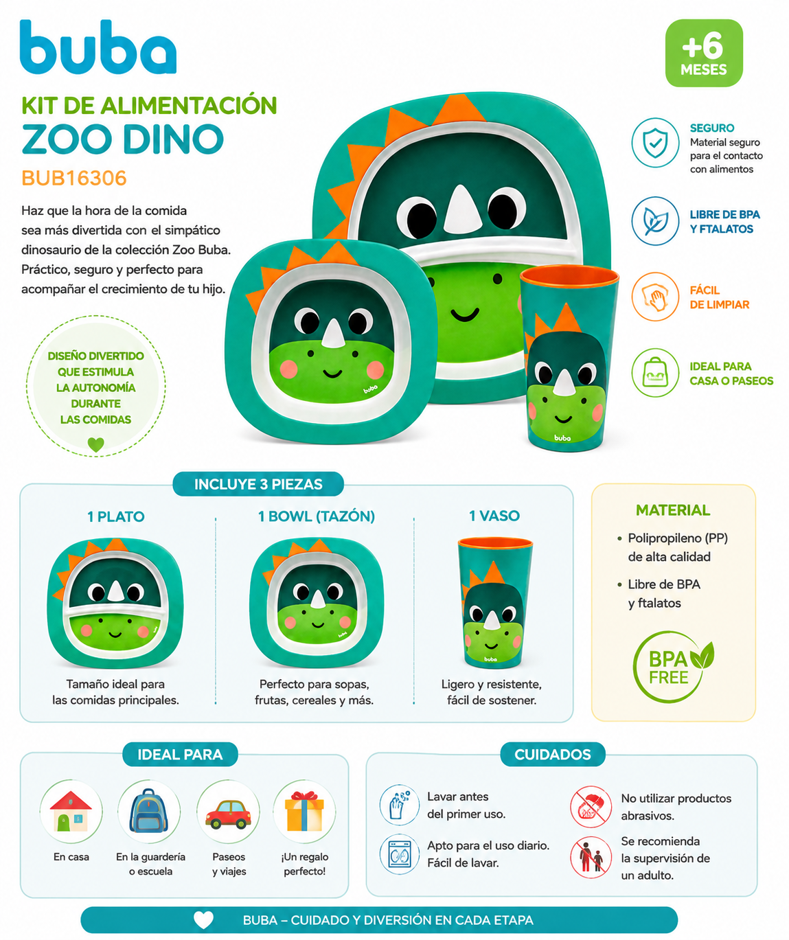 Buba Kit de Alimentación Zoo 3 Piezas 🦖Dino - BUB16306 💚