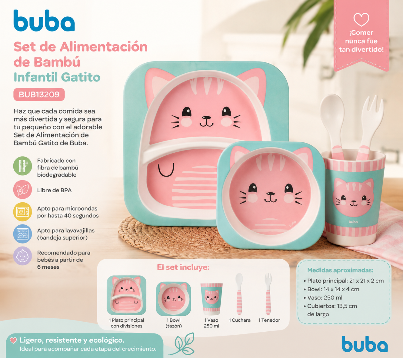 Buba Set de Alimentación de Bambú Infantil Gatito – BUB13209