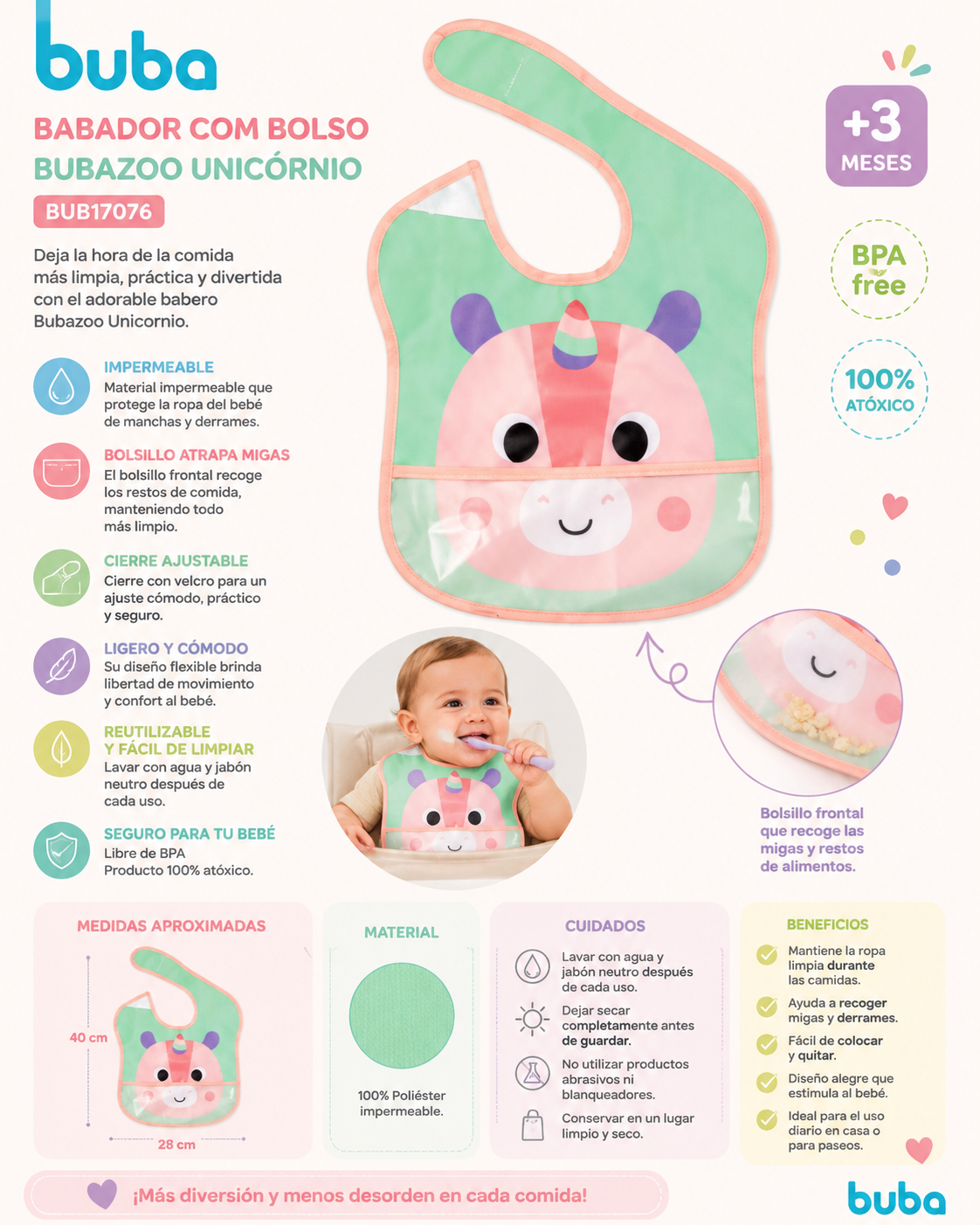 Buba Babero Impermeable con Bolsillo Buba Zoo Unicornio – BUB17076
