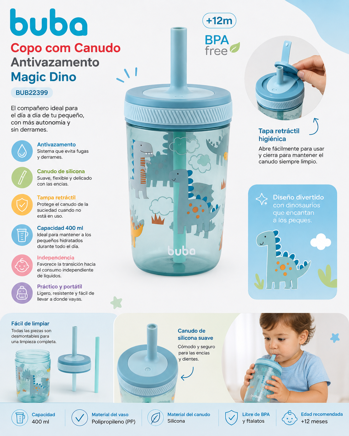 Buba Copo con Canudo Antivazamento Magic Dino 400ml – BUB22399