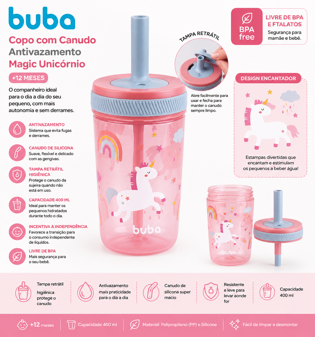 Buba Copo con Canudo Antivazamento Magic Unicornio 400ml – BUB22400